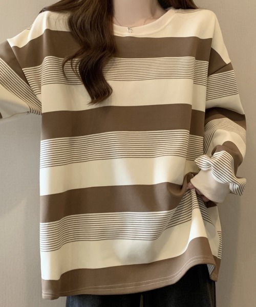 cammie(キャミー)の「ボーダーワイドシルエットカットソートップス(Tシャツ/カットソー・レディース・モカ/ブラック・M/L)」の9枚目の写真
