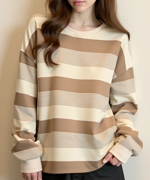 cammie(キャミー)の「ボーダーワイドシルエットカットソートップス(Tシャツ/カットソー・レディース・モカ/ブラック・M/L)」の8枚目の写真