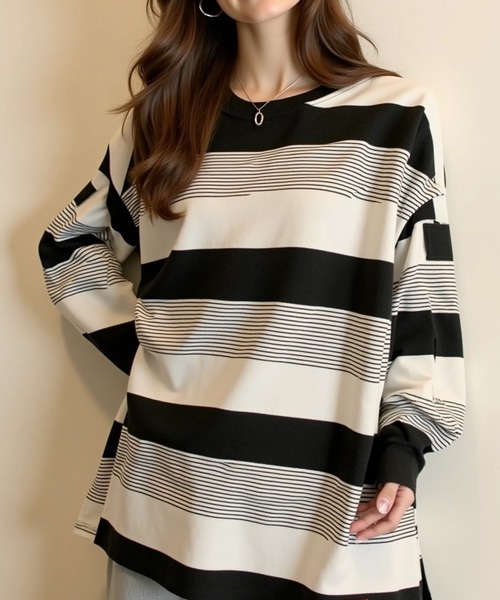 cammie(キャミー)の「ボーダーワイドシルエットカットソートップス(Tシャツ/カットソー・レディース・モカ/ブラック・M/L)」の4枚目の写真