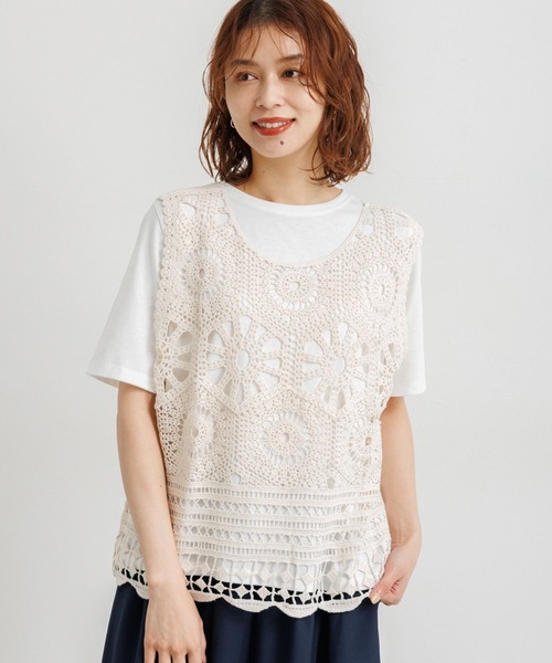 studio CLIP（スタディオクリップ）の「コットンクロシェレースノースリーブプルオーバー（ニット/セーター・レディース・ブラック/ナチュラル・FREE）」の2枚目の写真