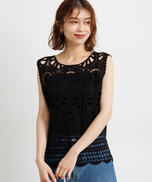 studio CLIP（スタディオクリップ）の「コットンクロシェレースノースリーブプルオーバー（ニット/セーター・レディース・ブラック/ナチュラル・FREE）」の12枚目の写真