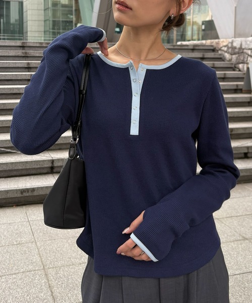 NOGLE（ノグル）の「【NOGLE/ノグル】ワッフルヘンリーネックトップス（Tシャツ/カットソー・レディース・アイボリー/ブラック/グレー/ブルー/ブラウン/ネイビー・FREE）」の6枚目の写真