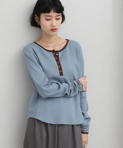 NOGLE（ノグル）の「【NOGLE/ノグル】ワッフルヘンリーネックトップス（Tシャツ/カットソー・レディース・アイボリー/ブラック/グレー/ブルー/ブラウン/ネイビー・FREE）」の9枚目の写真