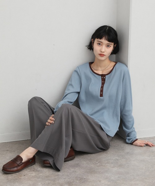 NOGLE（ノグル）の「【NOGLE/ノグル】ワッフルヘンリーネックトップス（Tシャツ/カットソー・レディース・アイボリー/ブラック/グレー/ブルー/ブラウン/ネイビー・FREE）」の7枚目の写真