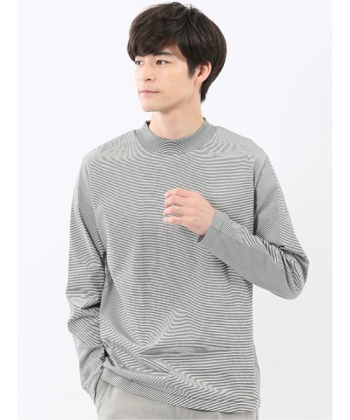 TAKA-Q(タカキュー)の「Tシャツ メンズ 長袖 ストレッチ 綿 コットン ボーダー シルケット スムス モックネック ドレスT(Tシャツ/カットソー・メンズ・ホワイト×ブラック/ブラウン・S/MEDIUM/LARGE/X-LARGE)」の1枚目の写真