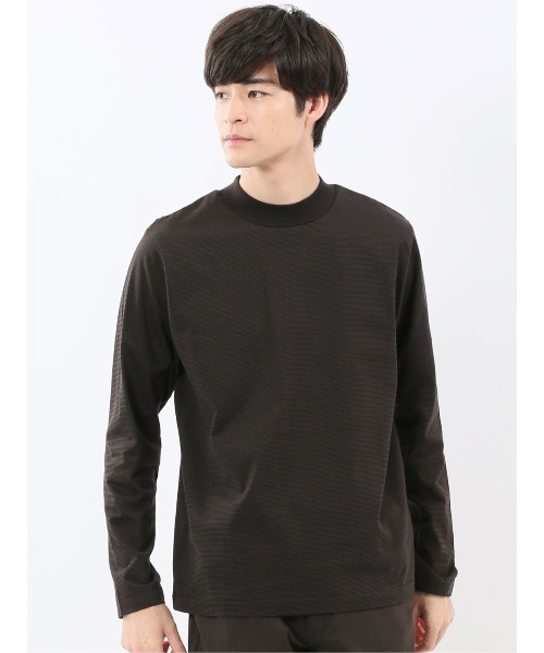 TAKA-Q(タカキュー)の「Tシャツ メンズ 長袖 ストレッチ 綿 コットン ボーダー シルケット スムス モックネック ドレスT(Tシャツ/カットソー・メンズ・ホワイト×ブラック/ブラウン・S/MEDIUM/LARGE/X-LARGE)」の2枚目の写真