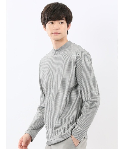 TAKA-Q(タカキュー)の「Tシャツ メンズ 長袖 ストレッチ 綿 コットン ボーダー シルケット スムス モックネック ドレスT(Tシャツ/カットソー・メンズ・ホワイト×ブラック/ブラウン・S/MEDIUM/LARGE/X-LARGE)」の5枚目の写真