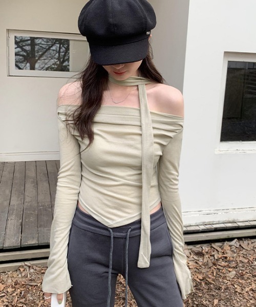 セール】WEGO/オフショルダータイトロンTトップス＆マフラータイセット