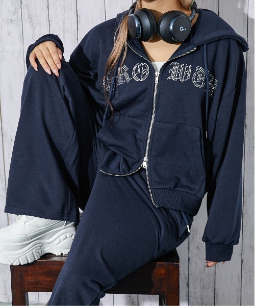 セール】《ラインストーンロゴ×ムラ染め風》レディース ジップパーカー