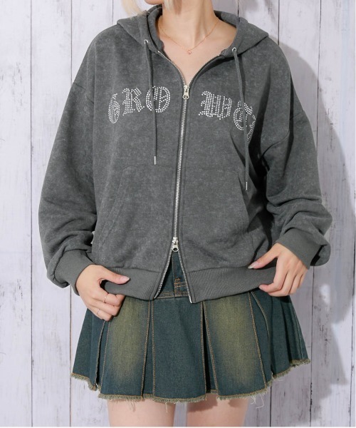 セール】《ラインストーンロゴ×ムラ染め風》レディース ジップ