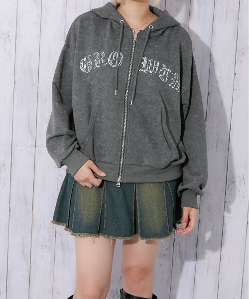 GORGE(ゴージ)の「《ラインストーンロゴ×ムラ染め風》レディース ジップパーカー 裏毛 スウェット 羽織り 春秋冬(パーカー・レディース・グレー/ブラウン/チャコール/ネイビー・F)」の15枚目の写真