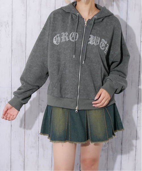 GORGE(ゴージ)の「《ラインストーンロゴ×ムラ染め風》レディース ジップパーカー 裏毛 スウェット 羽織り 春秋冬(パーカー・レディース・グレー/ブラウン/チャコール/ネイビー・F)」の14枚目の写真