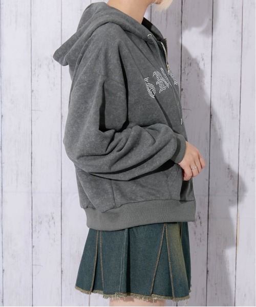 セール】《ラインストーンロゴ×ムラ染め風》レディース ジップ