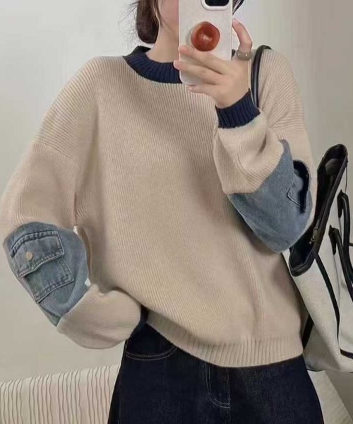 セール】配色デニムドッキングニットプルオーバー（ニット/セーター