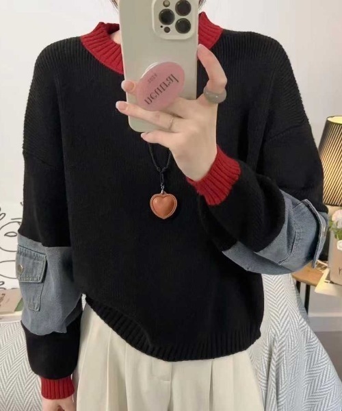 セール】配色デニムドッキングニットプルオーバー（ニット/セーター