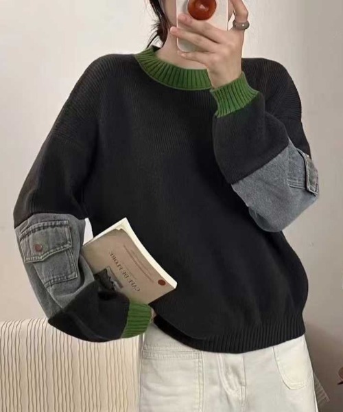 セール】配色デニムドッキングニットプルオーバー（ニット/セーター