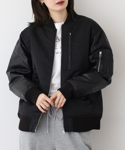 MMMM（エムエムエムエム）の「MMMM ナイロンツイル/ラムレザー/MA-1タイプブルゾン（MA-1・メンズ・ブラック・XL/L/M）」の3枚目の写真