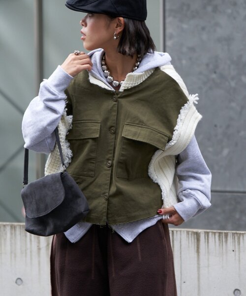 etsintä ブラック ベスト　エシンタ etsinta/エシンタ】リメイクミリタリーベスト（ニット/セーター