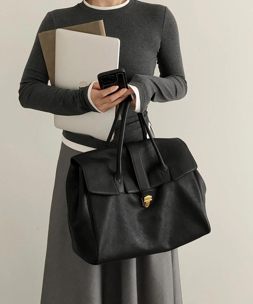 c.u.l（シーユーエル）の「A4収納可 レトロ 大容量 レザーライク トートバッグ cula1368（トートバッグ・レディース・ブラック・FREE）」の2枚目の写真