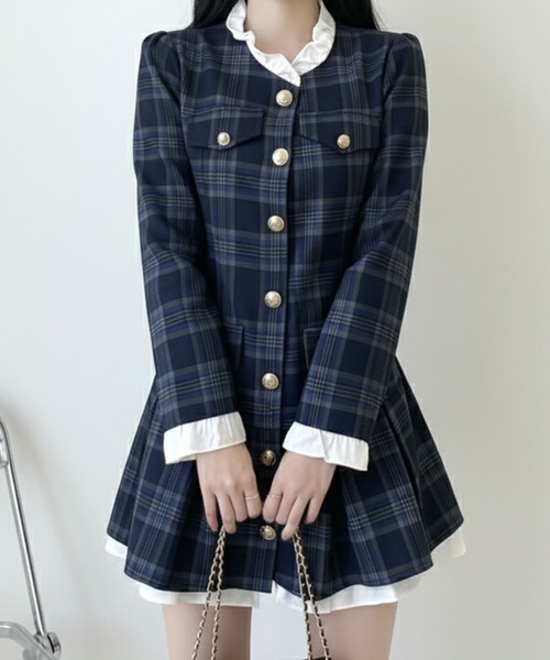 lulufa(ルルファ)の「チェック柄 ゴールドボタン ミニワンピース / 韓国 ガーリー サブカル 地雷系(ワンピース・レディース・ネイビー系・FREE)」の2枚目の写真