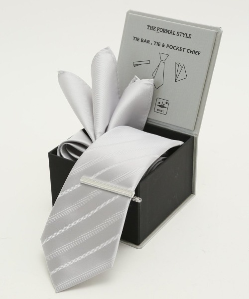 【フォーマル 3点セット BOX付き】m.f.エディトリアル メンズ ネクタイ＆ポケットチーフ＆タイバー ストライプ