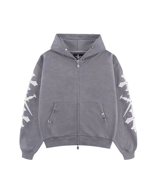 UNKNOWN LONDON(アンノウン・ロンドン)の「ジップフーディ|Dagger Cross Leather Patch Zip Hoodie|Unknown London(パーカー・メンズ・グレー/ブラック・MEDIUM/SMALL/X-LARGE/LARGE)」の2枚目の写真