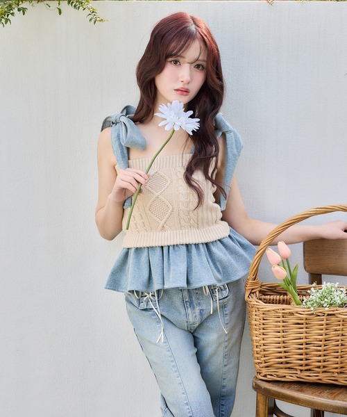 セール】【Denim Collection】肩リボンニットビスチェ（その他トップス