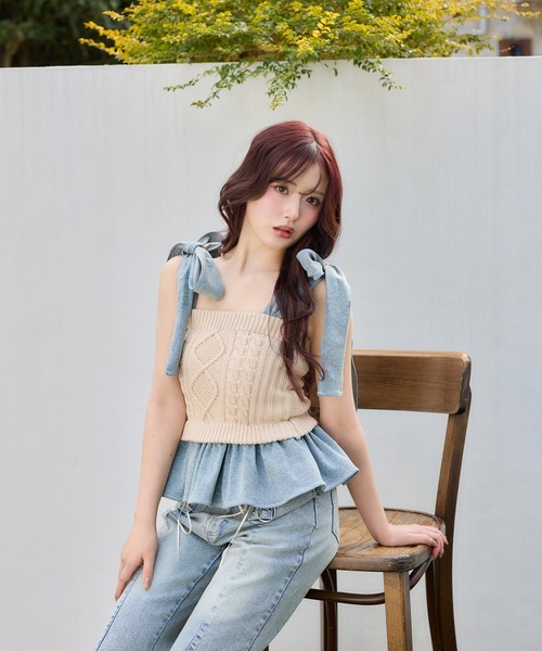 セール】【Denim Collection】肩リボンニットビスチェ（その他トップス
