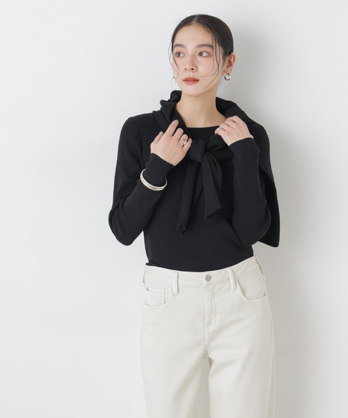 ナノユニバース　library リブニットキャミソール　ホワイト　リブニット　服 セール】ウォッシャブルハイツイストボートネックリブニット（ニット