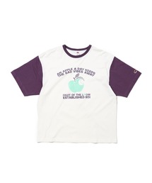 19/-スラブ天竺Tシャツ4 / 半袖 リンゴ&メッセージ プリント Tシャツ / ヴィンテージ風