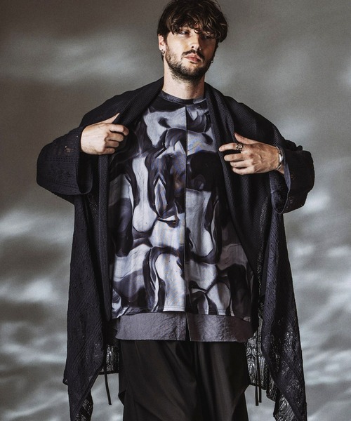 NO ID.（ノーアイディ）の「【NO ID.】2way Openwork Knit Gown / 2ウェイ オープンワーク ニットガウン（カーディガン/ボレロ・メンズ・ブラック/グレー・ONE SIZE）」の4枚目の写真