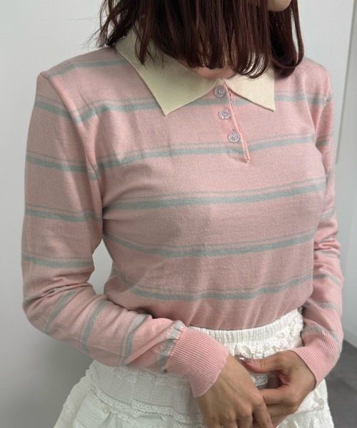 Nia(ニア)の「Nia(ニア)/ボーダーポロシャツカットソー(ポロシャツ・レディース・ライトグレー/ホワイト/ピンク/ダークグレー・FREE)」の21枚目の写真