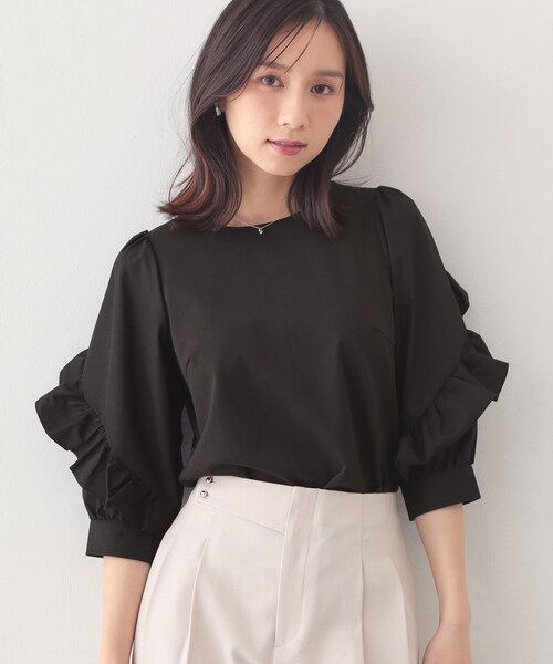 index（インデックス）の「フリルスリーブドッキングポンチトップス【洗濯機OK】（Tシャツ/カットソー・レディース・オフホワイト/ブラック/ピンク・36/40/38）」の2枚目の写真
