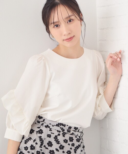 index（インデックス）の「フリルスリーブドッキングポンチトップス【洗濯機OK】（Tシャツ/カットソー・レディース・オフホワイト/ブラック/ピンク・36/40/38）」の5枚目の写真