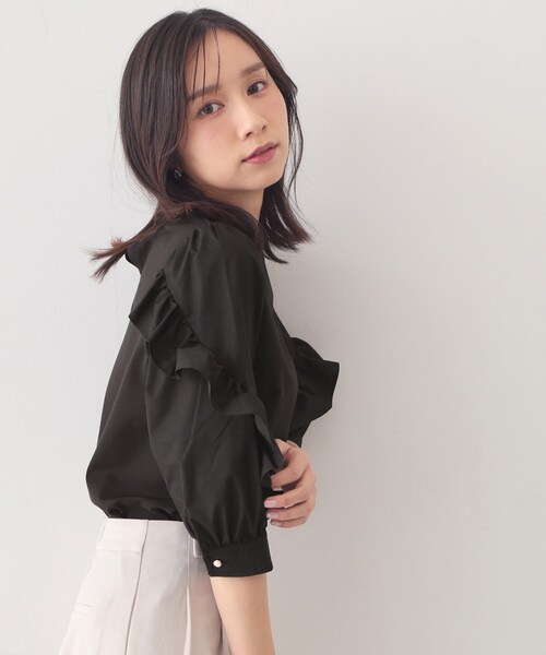 index（インデックス）の「フリルスリーブドッキングポンチトップス【洗濯機OK】（Tシャツ/カットソー・レディース・オフホワイト/ブラック/ピンク・36/40/38）」の9枚目の写真