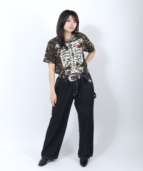 Salong hameu(サロン ハミュー)の「SNS映え ボーンプリントTシャツ/骨グラフィック トライバル刺繍/コンパクトシルエット/グランジ 韓国ストリート/ユニセックス(Tシャツ/カットソー・メンズ・カモフラージュ/ブラック系その他/ブラック・M/L/S)」の20枚目の写真