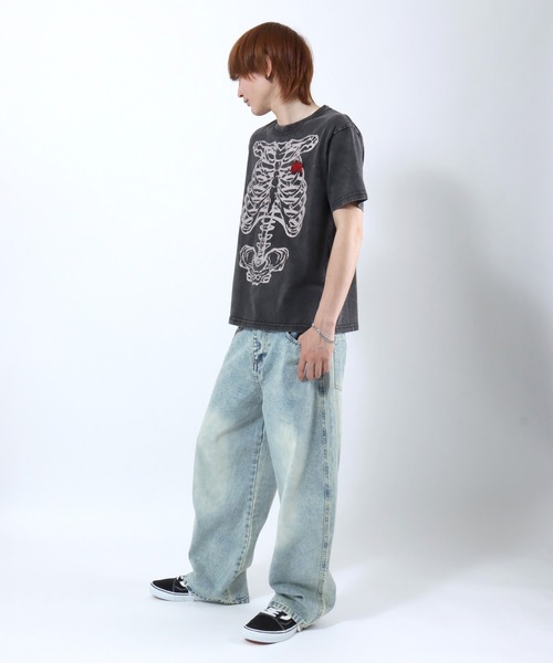 Salong hameu(サロン ハミュー)の「SNS映え ボーンプリントTシャツ/骨グラフィック トライバル刺繍/コンパクトシルエット/グランジ 韓国ストリート/ユニセックス(Tシャツ/カットソー・メンズ・カモフラージュ/ブラック系その他/ブラック・M/L/S)」の13枚目の写真
