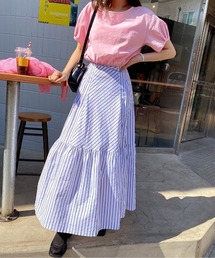 ストライプ 切替 ハイウエスト Aライン ロングスカート