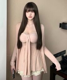 【2点セット】カップ付きノースリーブリボンキャミソール+カーディガン