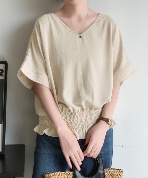 Miniministore(ミニミニストア)の「ウエストシャーリングVネックブラウス半袖(シャツ/ブラウス・レディース・ネイビー/ダークグレー/ベージュ/ホワイト/グリーン/ブラック・FREE)」の5枚目の写真