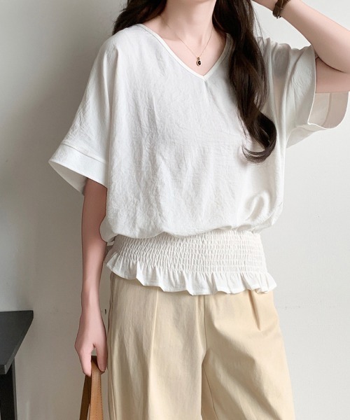 Miniministore(ミニミニストア)の「ウエストシャーリングVネックブラウス半袖(シャツ/ブラウス・レディース・ネイビー/ダークグレー/ベージュ/ホワイト/グリーン/ブラック・FREE)」の2枚目の写真