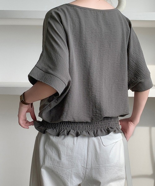 Miniministore(ミニミニストア)の「ウエストシャーリングVネックブラウス半袖(シャツ/ブラウス・レディース・ネイビー/ダークグレー/ベージュ/ホワイト/グリーン/ブラック・FREE)」の7枚目の写真
