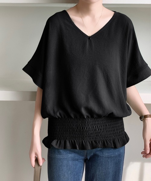 Miniministore(ミニミニストア)の「ウエストシャーリングVネックブラウス半袖(シャツ/ブラウス・レディース・ネイビー/ダークグレー/ベージュ/ホワイト/グリーン/ブラック・FREE)」の10枚目の写真
