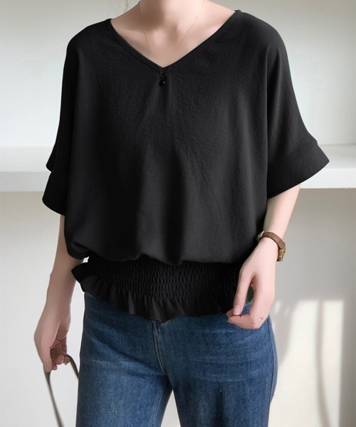 Miniministore(ミニミニストア)の「ウエストシャーリングVネックブラウス半袖(シャツ/ブラウス・レディース・ネイビー/ダークグレー/ベージュ/ホワイト/グリーン/ブラック・FREE)」の11枚目の写真