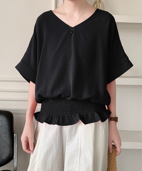 Miniministore(ミニミニストア)の「ウエストシャーリングVネックブラウス半袖(シャツ/ブラウス・レディース・ネイビー/ダークグレー/ベージュ/ホワイト/グリーン/ブラック・FREE)」の12枚目の写真