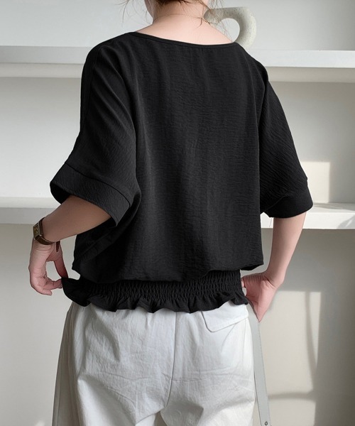 Miniministore(ミニミニストア)の「ウエストシャーリングVネックブラウス半袖(シャツ/ブラウス・レディース・ネイビー/ダークグレー/ベージュ/ホワイト/グリーン/ブラック・FREE)」の13枚目の写真