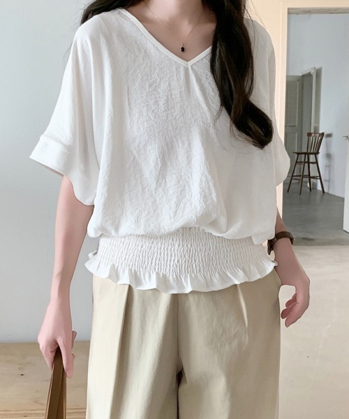Miniministore(ミニミニストア)の「ウエストシャーリングVネックブラウス半袖(シャツ/ブラウス・レディース・ネイビー/ダークグレー/ベージュ/ホワイト/グリーン/ブラック・FREE)」の14枚目の写真