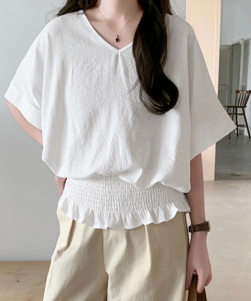 Miniministore(ミニミニストア)の「ウエストシャーリングVネックブラウス半袖(シャツ/ブラウス・レディース・ネイビー/ダークグレー/ベージュ/ホワイト/グリーン/ブラック・FREE)」の15枚目の写真