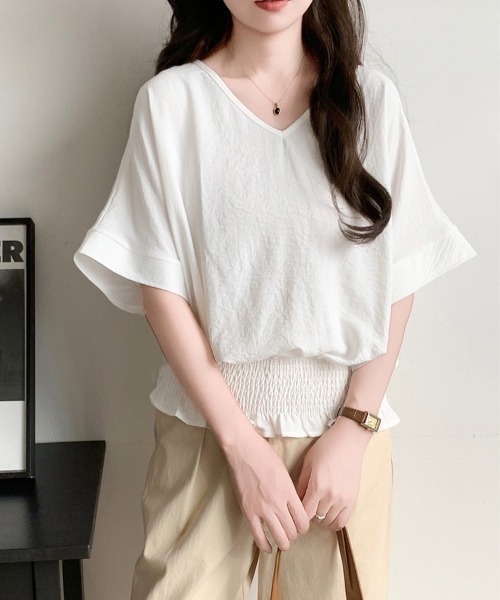 Miniministore(ミニミニストア)の「ウエストシャーリングVネックブラウス半袖(シャツ/ブラウス・レディース・ネイビー/ダークグレー/ベージュ/ホワイト/グリーン/ブラック・FREE)」の16枚目の写真