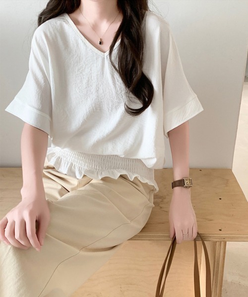Miniministore(ミニミニストア)の「ウエストシャーリングVネックブラウス半袖(シャツ/ブラウス・レディース・ネイビー/ダークグレー/ベージュ/ホワイト/グリーン/ブラック・FREE)」の17枚目の写真